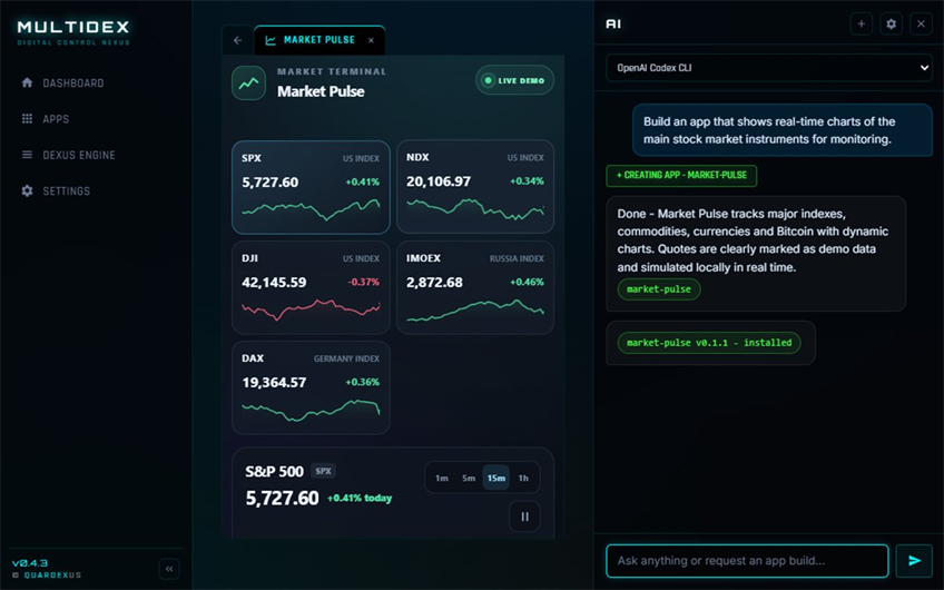 Market Pulse running beside the Multidex AI agent conversation that created it and now operates it