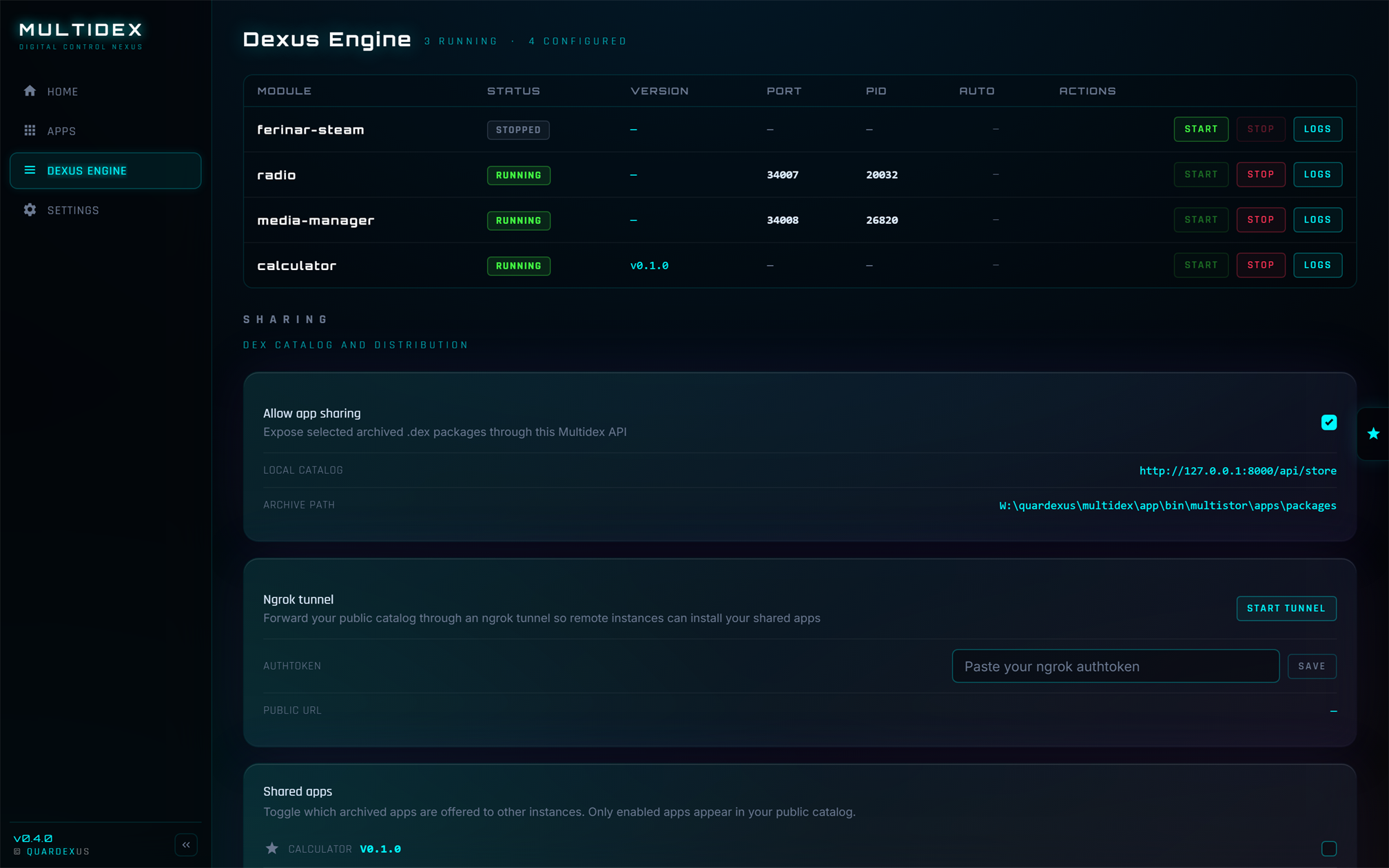 Dexus engine — modules running with ports and PIDs, sharing and ngrok tunnel panels